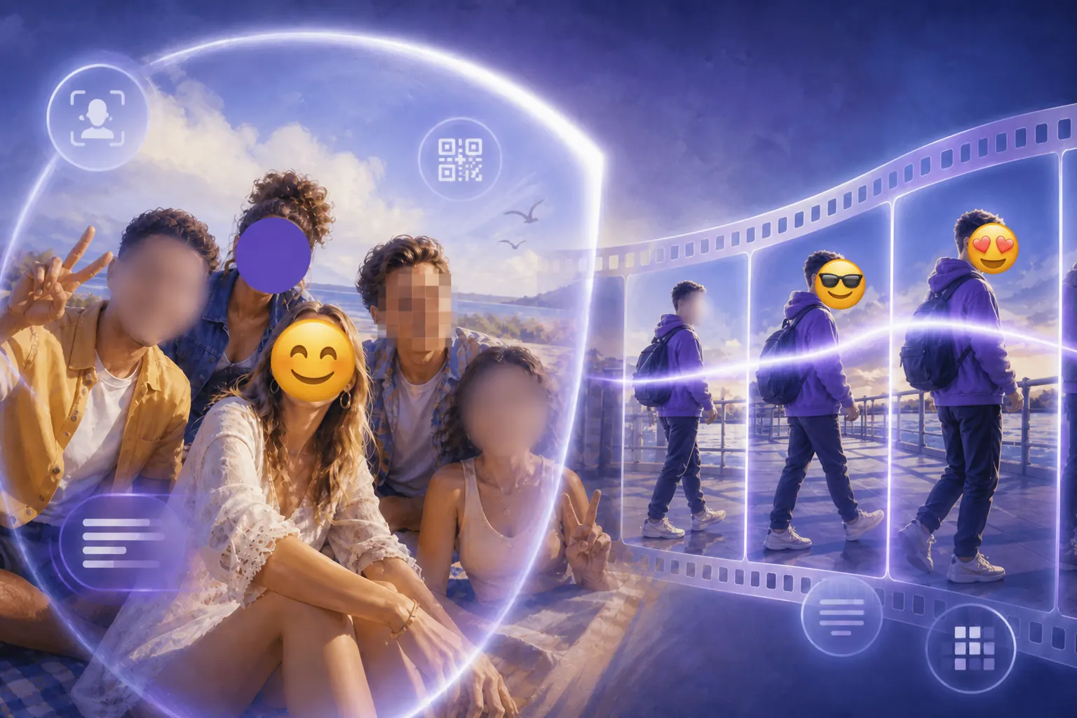 Concept art of Face Blur protecting faces in a group photo and across video frames with blur and emoji stickers