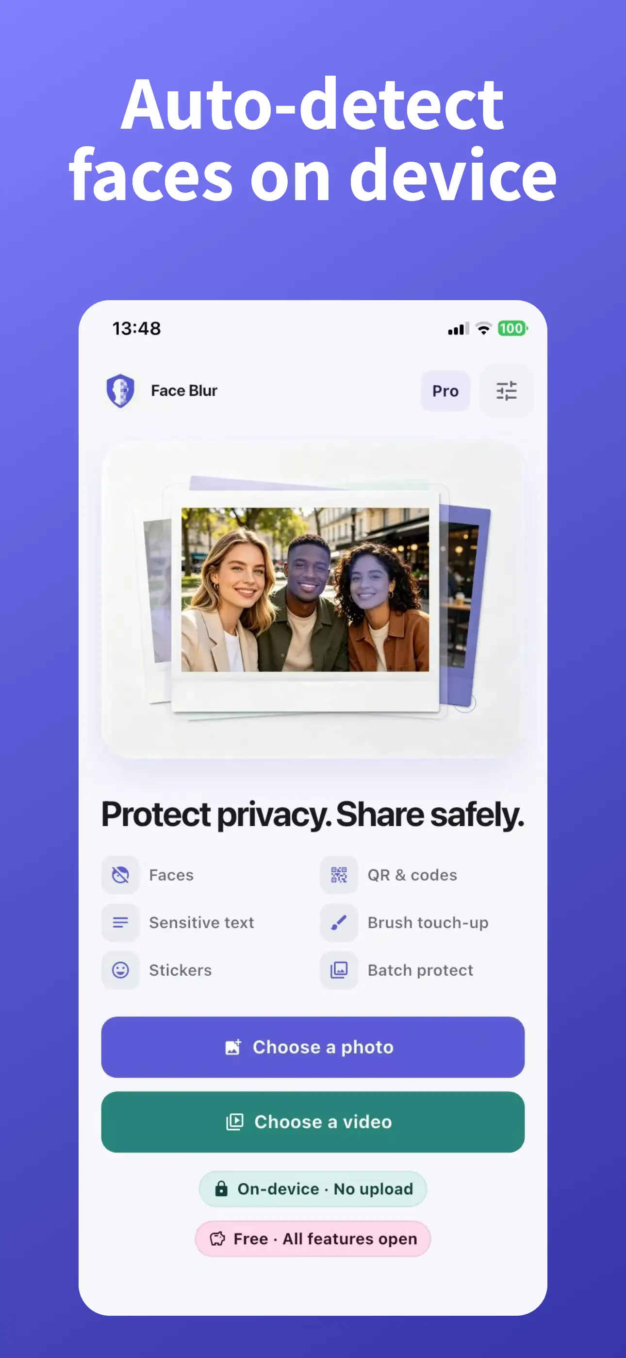 Face Blur app home screen with on-device face detection