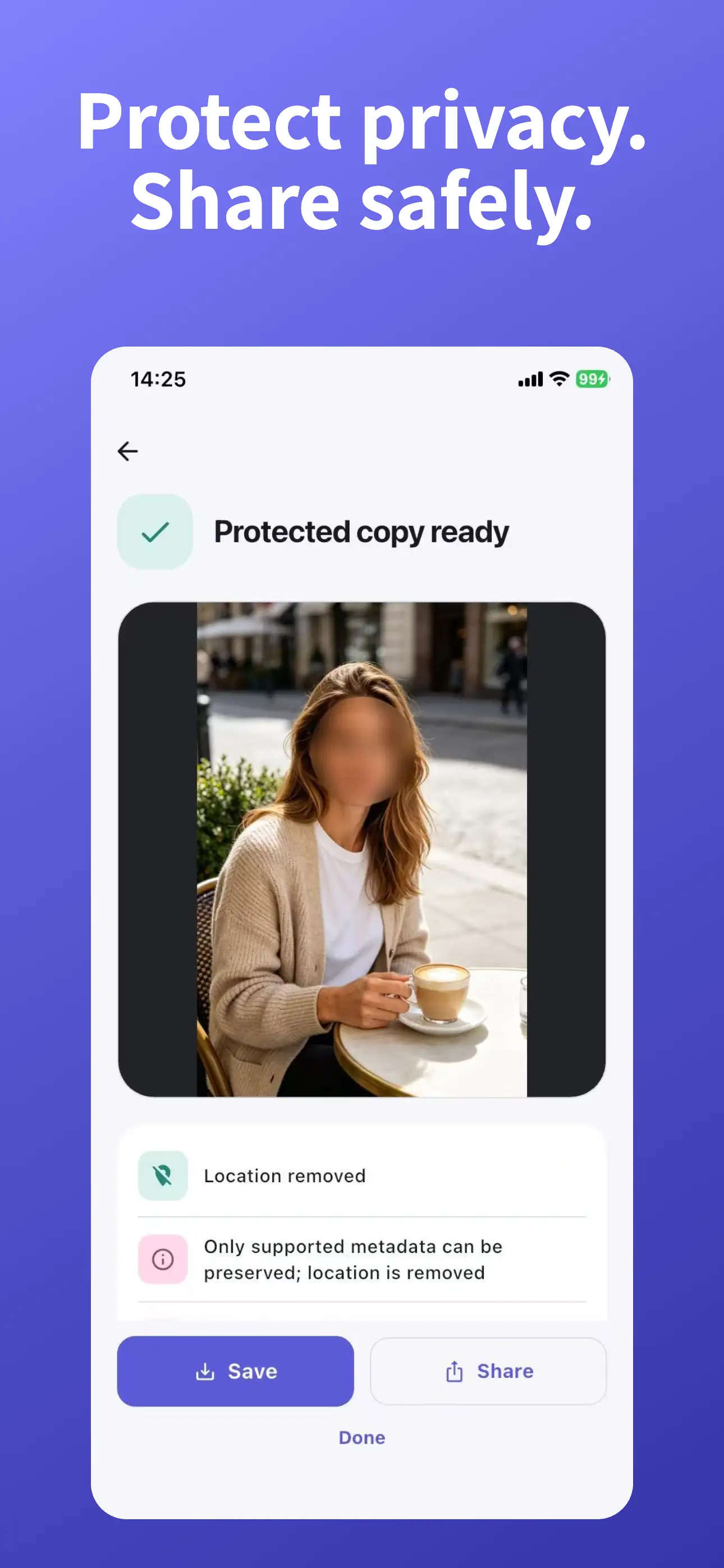 Face Blur brand screen — protect privacy, share safely